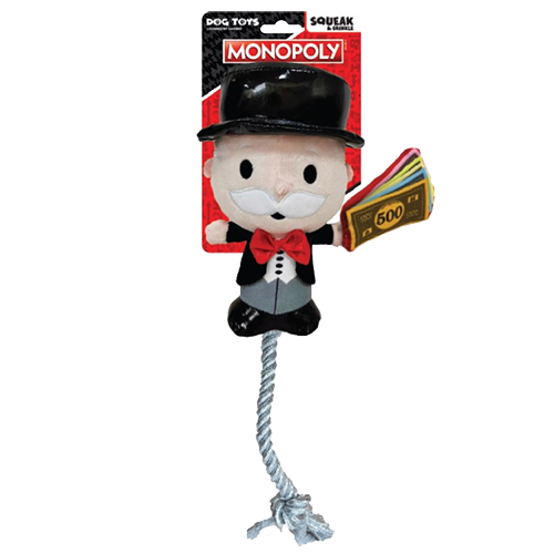 Hasbro "Mr Monopoly" Squeak & Crinkle Dog Tug Toy 8"